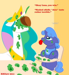 Size: 1818x1987 | Tagged: safe, artist:ks-claw, princess celestia, princess luna, alicorn, pony, alfalfa, baby, baby pony, bib, filly, tongue out, woona, younger