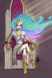 Size: 600x900 | Tagged: safe, artist:theartrix, princess celestia, human, brown background, clothes, crown, ethereal hair, female, gauntlet, humanized, jewelry, lipstick, peytral, regalia, simple background, solo, throne, woman