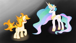 Size: 1252x710 | Tagged: safe, artist:hip-indeed, princess celestia, twilight sparkle, alicorn, pony, fire, rapidash