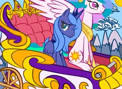 Size: 1375x1000 | Tagged: safe, artist:tess, princess celestia, princess luna, alicorn, pony, carriage, frown, looking away, s1 luna, sad, sitting, smiling