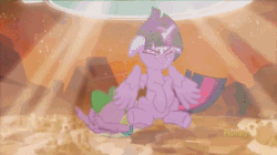 Size: 463x260 | Tagged: safe, edit, edited screencap, editor:squeaky-belle, screencap, rarity, spike, twilight sparkle, twilight sparkle (alicorn), alicorn, dragon, pony, unicorn, honest apple, the cutie re-mark, alternate timeline, animated, discovery family logo, giant pony, gif, growth, guitar, guitarity, i can't believe it's not superedit, macro