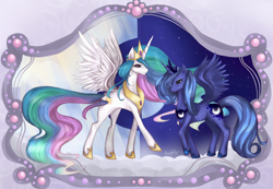 Size: 1700x1175 | Tagged: safe, artist:felynea, princess celestia, princess luna, alicorn, pony, cloud, day, duality, duo, night, raised hoof, s1 luna, smiling, spread wings