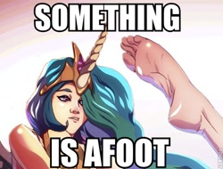 Size: 548x416 | Tagged: safe, artist:scamwich, princess celestia, princess luna, barefoot, caption, feet, horned humanization, humanized, image macro, pun