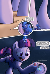 Size: 1920x2816 | Tagged: safe, artist:shieltar, part of a series, part of a set, princess luna, twilight sparkle, unicorn twilight, alicorn, pony, unicorn, comic:giant twilight, comic, commission, cute, dialogue, eating, edible heavenly object, frog (hoof), giant pony, giantess, growth, inside coat, macro, magic, planet, pony bigger than a planet, size difference, space, stars, underhoof