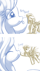 Size: 1280x2293 | Tagged: safe, artist:acersiii, oc, oc only, oc:crescendo, oc:solar tide, pony, :p, :t, boop, cute, dawwww, duo, eyes closed, female, flying, giant pony, grin, heart eyes, limited palette, macro, mare, nose wrinkle, scrunchy face, simple background, size difference, smiling, spread wings, tongue out, white background, wingding eyes, wings