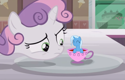 Size: 691x446 | Tagged: safe, edit, edited edit, edited screencap, screencap, sweetie belle, trixie, pony, forever filly, crossing the memes, cup, cup of pony, cute, diatrixes, meme, micro, sweetie's plate, teacup, that pony sure does love teacups