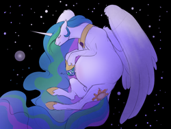 Size: 1280x960 | Tagged: safe, artist:nsfwbonbon, princess celestia, alicorn, pony, belly, belly button, earth, explicit source, female, giant pony, giantess, giantlestia, macro, mare, outie belly button, pony bigger than a planet, preglestia, pregnant, solo, space, stars