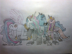 Size: 2048x1536 | Tagged: safe, artist:tails-zet, princess cadance, princess celestia, princess luna, alicorn, pony, building, city, giantess, giantlestia, macro, signature, traditional art