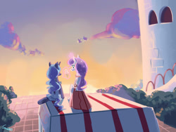 Size: 1024x768 | Tagged: safe, artist:swomswom, princess celestia, princess luna, alicorn, pony, food, ice cream, sunset