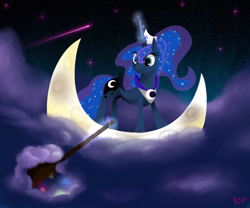 Size: 3000x2500 | Tagged: safe, artist:angiepeggy2114, princess luna, alicorn, pony, cloud, macro, magic, moon, oar, pony bigger than a planet, shooting star, solo, stars, tangible heavenly object, telekinesis