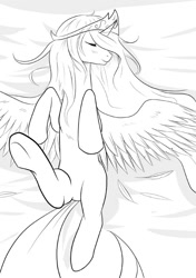 Size: 494x700 | Tagged: safe, artist:jalm, princess celestia, alicorn, pony, lineart, on back, solo