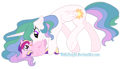 Size: 1600x911 | Tagged: safe, artist:wolfsknight, princess cadance, princess celestia, alicorn, pony, duo, female, filly, filly cadance, mare, momlestia, raspberry, signature, simple background, tickling, transparent background, tummy buzz, younger