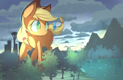 Size: 1190x770 | Tagged: safe, artist:kawaiipony2, applejack, rainbow dash, earth pony, pegasus, pony, city, cowboy hat, forest, freckles, giant pony, hat, macro, mega applejack, never doubt ncmares's involvement, rain, scenery, stetson