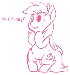 Size: 393x420 | Tagged: artist needed, source needed, safe, rainbow dash, pegasus, pony, bipedal, chubby, chubby dash, featureless crotch, lineart, monochrome, simple background, solo, speech, white background