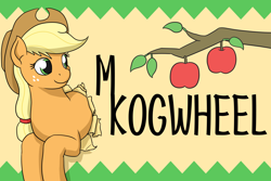 Size: 2268x1512 | Tagged: safe, artist:mkogwheel, derpibooru import, applejack, earth pony, pony, apple, badge, branches, female, food, mare, name, smiling, solo