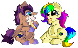 Size: 1280x788 | Tagged: safe, artist:rainbowtashie, flash sentry, trouble shoes, oc, oc:fast hooves, oc:rainbow tashie, earth pony, pegasus, pony, belly, belly button, chubby, clydesdale, commissioner:bigonionbean, cute, food, fusion, fusion:fast hooves, meat, multicolored hair, pepperoni, pepperoni pizza, pizza, rainbow hair, simple background, transparent background, unshorn fetlocks, weight gain, writer:bigonionbean