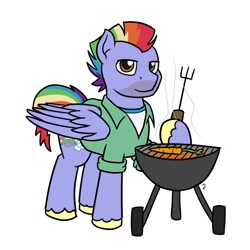 Size: 1080x1080 | Tagged: safe, artist:mkogwheel, derpibooru import, bow hothoof, pegasus, pony, barbeque, boomer, carrot, food, grill, grill boomer, herbivore, looking at you, male, simple background, stallion, vegetables, white background