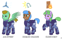 Size: 2200x1400 | Tagged: safe, artist:mkogwheel, derpibooru import, oc, oc only, oc:air sweep, oc:breach charge, oc:close heat, earth pony, pegasus, pony, unicorn, armor, cutie mark, female, male, mare, operator, royal guard, seup guard, stallion, trio