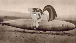 Size: 1920x1081 | Tagged: safe, artist:germanbeez, twilight sparkle, human, pony, airship, giant pony, irl, irl human, macro, mega twilight sparkle, photo, ponies in real life, sepia, zeppelin