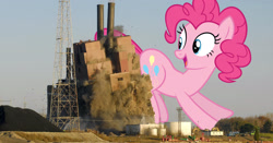 Size: 2600x1365 | Tagged: safe, artist:slb94, artist:theotterpony, pinkie pie, earth pony, pony, butt bump, butt smash, demolition, giant pony, highrise ponies, irl, macro, photo, ponies in real life, solo, story included