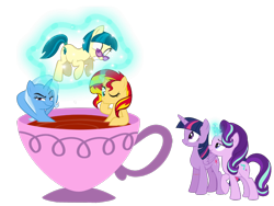 Size: 1024x768 | Tagged: safe, artist:trini-mite, juniper montage, starlight glimmer, sunset shimmer, trixie, twilight sparkle, twilight sparkle (alicorn), alicorn, pony, unicorn, equestria girls, movie magic, spoiler:eqg specials, counterparts, cup, cup of pony, equestria girls ponified, food, funny, hot tub, magic, micro, ponified, simple background, smug, smuglight glimmer, tea, teacup, that pony sure does love teacups, transparent background, twilight's counterparts, vector, welcome home twilight