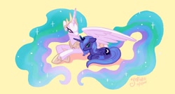 Size: 1118x600 | Tagged: safe, artist:yamino, princess celestia, princess luna, alicorn, pony, prone, s1 luna, simple background