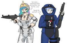 Size: 1750x1050 | Tagged: safe, artist:mkogwheel, derpibooru import, princess celestia, princess luna, human, armor, bomb suit, breasts, cleavage, clothes, crown, dialogue, duo, female, fingerless gloves, gloves, gun, helmet, humanized, jewelry, kevlar, looking at each other, mossberg 590, mp5, open mouth, regalia, reloading, shotgun, shotgun shell, soldier, submachinegun, warrior, warrior celestia, warrior luna, weapon