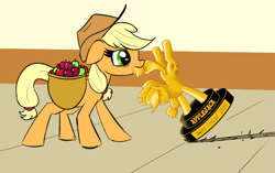 Size: 1249x782 | Tagged: safe, artist:mkogwheel, artist:wenni, derpibooru import, edit, applejack, earth pony, pony, applebuck season, /mlp/, apple, basket, cowboy hat, dragging, female, food, gold, golden, hat, mare, miss /mlp/ 2019, mouth hold, property damage, saddle basket, scene interpretation, solo, tired, tiredjack, trophy