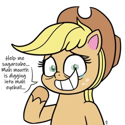 Size: 1080x1080 | Tagged: safe, artist:mkogwheel, derpibooru import, applejack, earth pony, pony, my little pony: pony life, body horror, crying, female, looking at you, mare, reality ensues, solo, teary eyes