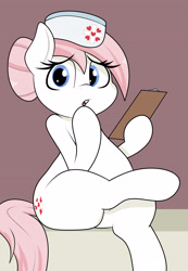 Size: 1910x2766 | Tagged: safe, artist:blitzyflair, nurse redheart, earth pony, pony, chubby, crossed legs, cute, female, looking at you, mare, simple background, solo, wide hips, worried