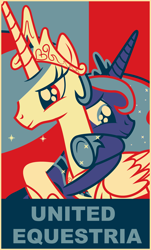 Size: 2902x4800 | Tagged: safe, artist:90sigma, artist:herbsmoker, princess celestia, princess luna, alicorn, pony, absurd resolution, female, hope poster, hug, mare, propaganda, shepard fairey, united equestria