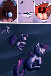 Size: 1920x2816 | Tagged: safe, artist:shieltar, part of a series, part of a set, twilight sparkle, unicorn twilight, pony, unicorn, comic:giant twilight, comic, cute, descriptive noise, drool, eating, edible heavenly object, giant pony, giantess, growth, macro, planet, pony bigger than a planet, solo, space, stars, tongue out, uvula