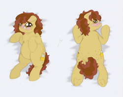 Size: 1151x906 | Tagged: safe, artist:ravenpuff, oc, oc only, oc:buttercream pie, earth pony, pony, blushing, body pillow, body pillow design, both cutie marks, chubby, duo, earth pony oc, freckles, frog (hoof), hoofbutt, on back, underhoof