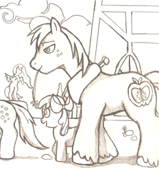 Size: 1095x1180 | Tagged: safe, artist:banditbusterj, apple bloom, big macintosh, derpy hooves, princess celestia, alicorn, earth pony, pony, male, monochrome, sketch, stallion