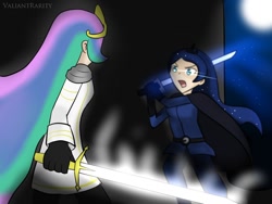 Size: 800x600 | Tagged: safe, artist:valiantrarity, princess celestia, princess luna, human, clothes, female, humanized, sword, weapon