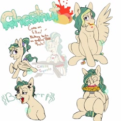 Size: 1024x1024 | Tagged: safe, artist:farewelldecency, oc, oc only, oc:chestnut, pegasus, pony, burp, chubby, ear piercing, eating, female, filly, food, magical gay spawn, offspring, parent:trenderhoof, parent:zephyr breeze, parents:trenderbreeze, piercing, reference sheet