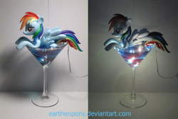 Size: 2000x1347 | Tagged: safe, artist:earthenpony, rainbow dash, pony, alcohol, craft, cup, cup of pony, glass, irl, light, micro, photo, sculpture, solo, traditional art, vodka