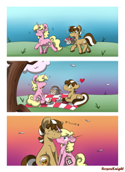 Size: 2543x3496 | Tagged: safe, artist:rosexknight, oc, oc:short fry, oc:whip up, earth pony, pony, unicorn, comic:cherry bomb, basket, cherry blossoms, chubby, comic, cup, descriptive noise, female, flower, flower blossom, food, grass, heart, laughing, lidded eyes, male, one eye closed, outdoors, picnic, picnic basket, picnic blanket, plate, sandwich, size difference, straw, sunset, tree, whort