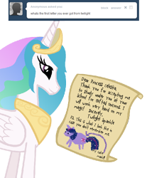 Size: 600x723 | Tagged: safe, artist:steve holts, princess celestia, twilight sparkle, alicorn, pony, dear-princesscelestia, letter, tumblr