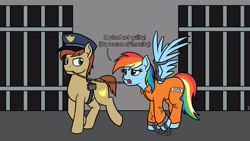 Size: 3840x2160 | Tagged: safe, artist:mkogwheel, derpibooru import, rainbow dash, pegasus, pony, bound wings, clothes, commission, cuffs, jail, leash, police officer, prison, prison outfit, prisoner rd, rope, unnamed pony, walking, wing cuffs, wings