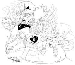 Size: 1280x1101 | Tagged: safe, artist:balooga, princess celestia, princess luna, alicorn, pony, beard, lineart, monochrome, moustache