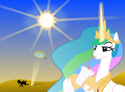 Size: 1024x753 | Tagged: safe, artist:fuzzystreak, princess celestia, alicorn, changeling, pony, female, horn, magnifying glass, mare, multicolored mane, solo, white coat