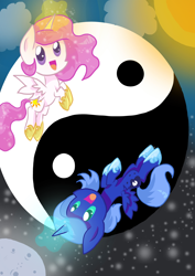 Size: 1240x1754 | Tagged: safe, artist:derpsonhooves, princess celestia, princess luna, alicorn, pony, crown, female, horn, jewelry, mare, regalia, siblings, sisters, yin-yang