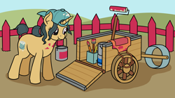 Size: 3504x1971 | Tagged: safe, artist:mkogwheel, derpibooru import, fresh coat, pony, unicorn, apron, backwards ballcap, baseball cap, brush, cap, cart, clothes, commission, fence, hat, missing accessory, mouth hold, packing, paint bucket, paint on fur, paintbrush, solo