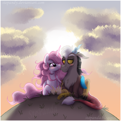 Size: 900x904 | Tagged: safe, artist:stepandy, discord, princess celestia, alicorn, draconequus, pony, dislestia, female, male, pink-mane celestia, shipping, straight, younger