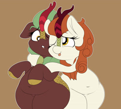 Size: 3840x3456 | Tagged: safe, artist:blitzyflair, autumn blaze, cinder glow, summer flare, kirin, belly button, chubby, cloven hooves, cute, hug, one eye closed, open mouth, simple background, thick, wide hips