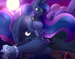 Size: 1280x1018 | Tagged: safe, artist:sugaryviolet, part of a series, part of a set, princess luna, oc, alicorn, anthro, human, unguligrade anthro, bat wings, clothes, commission, dream walker luna, dress, female, full moon, giantess, human male, macro, male, mare, moon, non-mlp oc, see-through, size difference, stars, winged human