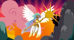 Size: 2869x1563 | Tagged: safe, artist:licoricebunny, princess celestia, human, canterlot, clothes, female, flying, humanized, scepter, solo, winged humanization