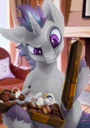 Size: 1061x1500 | Tagged: safe, artist:arctic-fox, oc, oc only, oc:der, oc:verlo streams, bat pony, griffon, hybrid, pony, unicorn, bat pony unicorn, box of chocolates, candy, chocolate, commission, duo, fangs, food, male, micro, size difference, smiling, stallion