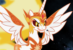 Size: 2000x1375 | Tagged: safe, daybreaker, alicorn, pony, a royal problem, catasterism, earth, fire, giant pony, giantess, goddess, imminent vore, macro, mane of fire, pony bigger than a planet, solo, space, sun, this will end in fire
